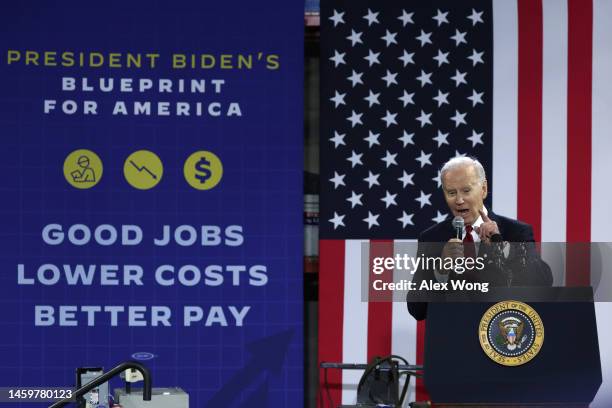 President Joe Biden delivers remarks on the U.S. Economy at Steamfitters Local 602 on January 26, 2023 in Springfield, Virginia. President Biden made...