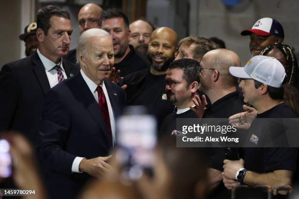 President Joe Biden greets union members as he arrives to deliver remarks on U.S. Economy at Steamfitters Local 602 on January 26, 2023 in...