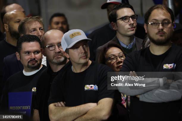 Union members listen to remarks of U.S. President Joe Biden on U.S. Economy at Steamfitters Local 602 on January 26, 2023 in Springfield, Virginia....