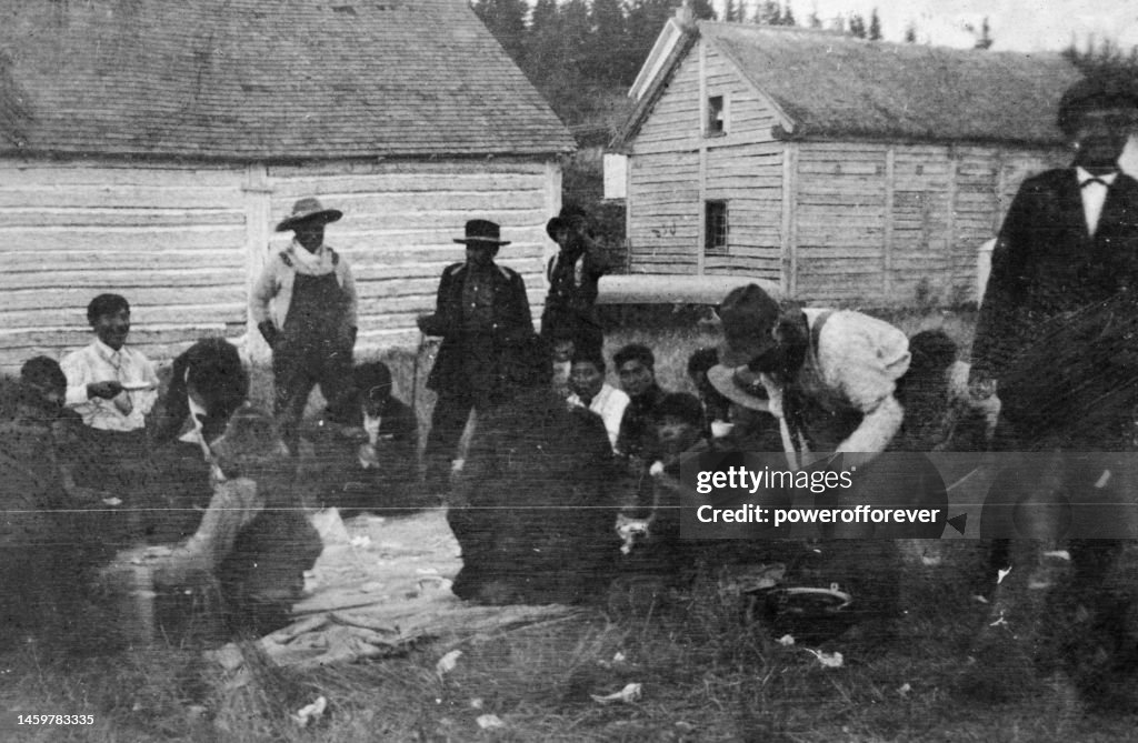 Chief Peter Ballantyne and Group of Cree People Celebrating Treaty Day at Pelican Narrows in Saskatchewan, Canada - 1919