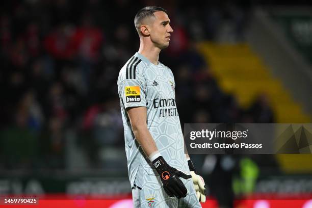 Odysseas Vlachodimos of SL Benfica in action during the Liga Portugal Bwin match between Pacos de Ferreira and SL Benfica at Estadio Capital do Movel...