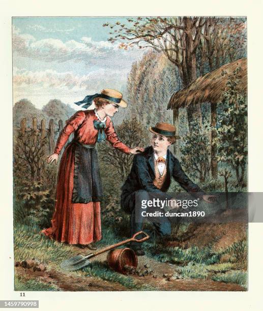 teenage boy and girl planting an apple tree together, 1880s, victorian children's art 19th century - british food stock illustrations