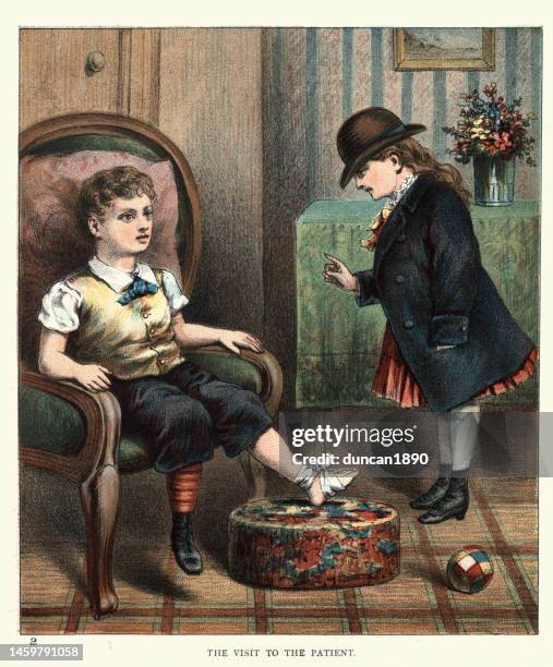 sister playing doctor to her brother with an injured foot, history healthcare, victorian children's art, 19th century - ankle sprain stock illustrations