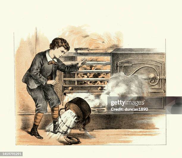 boy spilling a kettle full of boiling water, domestic accident scalding water, victorian children's art, 19th century - kettle stock illustrations