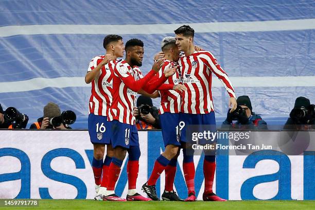 Alvaro Morata of Atletico de Madrid celebrates after scoring their first side goal during the Copa Del Rey Quarter Final match between Real Madrid...