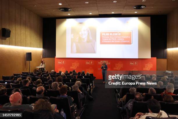 The Minister of Education and spokesperson of the PSOE, Pilar Alegria, speaks during the screening of the documentary 'A party for a people. La...