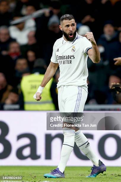 Karim Benzema of Real Madrid celebrates after scoring their second side goal during the Copa Del Rey Quarter Final match between Real Madrid and...