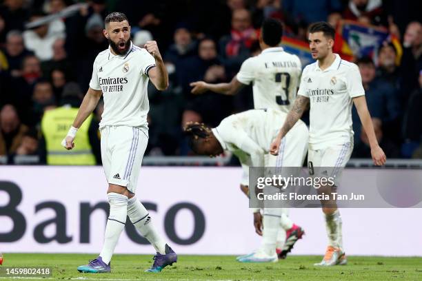 Karim Benzema of Real Madrid celebrates after scoring their second side goal during the Copa Del Rey Quarter Final match between Real Madrid and...