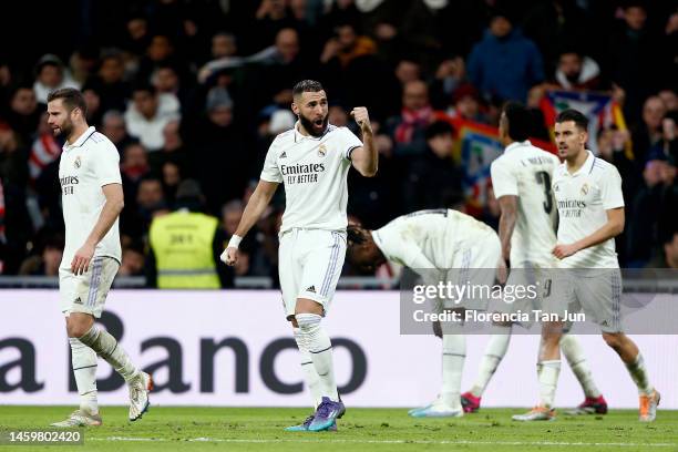 Karim Benzema of Real Madrid celebrates after scoring their second side goal during the Copa Del Rey Quarter Final match between Real Madrid and...