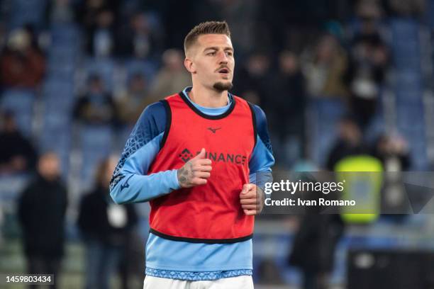 Sergej Milinković-Savić of SS Lazio pre-game warm up during the Serie A match between SS Lazio and AC MIlan at Stadio Olimpico on January 24, 2023 in...