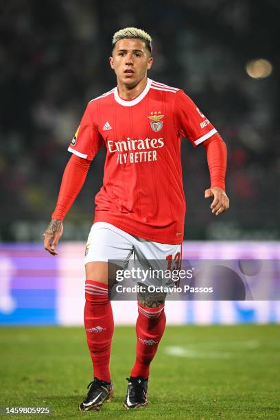 Enzo Fernandez of SL Benfica in action during the Liga Portugal Bwin match between Pacos de Ferreira and SL Benfica at Estadio Capital do Movel on...