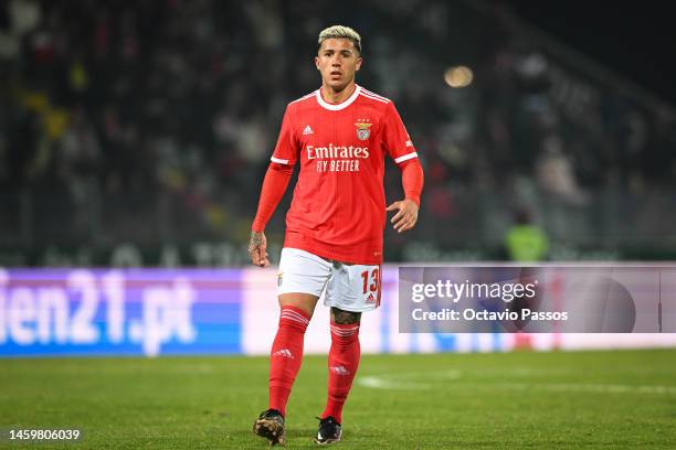 Enzo Fernandez of SL Benfica in action during the Liga Portugal Bwin match between Pacos de Ferreira and SL Benfica at Estadio Capital do Movel on...