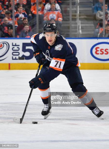 Ryan McLeod of the Edmonton Oilers skates during the game against the Columbus Blue Jackets on January 25, 2023 at Rogers Place in Edmonton, Alberta,...