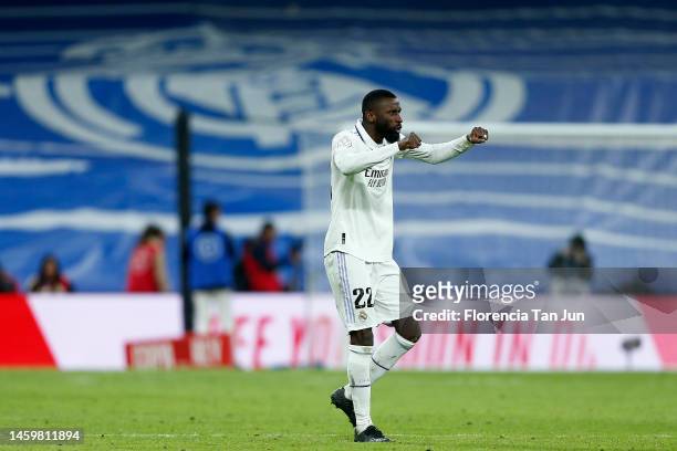 Antonio Rudiger of Real Madrid celebrates after wining their game during the Copa Del Rey Quarter Final match between Real Madrid and Atletico de...