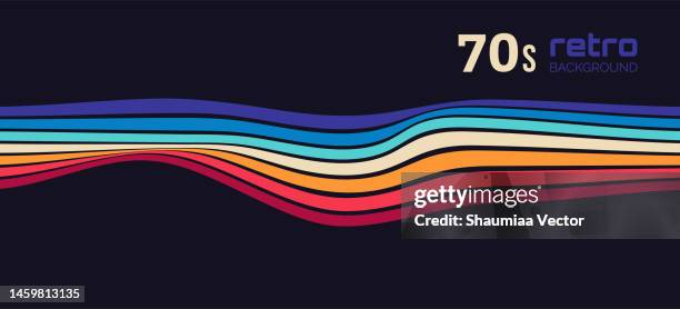 1970s abstract retro rainbow wave line background design - abstract shapes pink orange and black stock illustrations