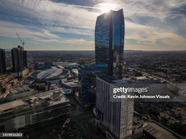 aerial view of the ritz carlton at la live in downtown los angeles - carlton stock pictures, royalty-free photos & images