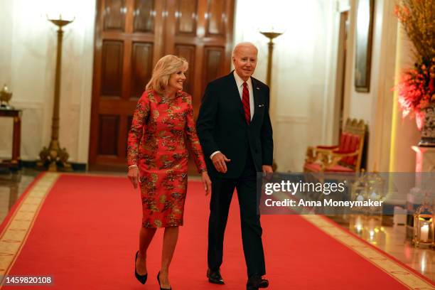 First Lady Jill Biden and President Joe Biden arrive for a reception celebrating Lunar New Year in the East Room of the White House on January 26,...