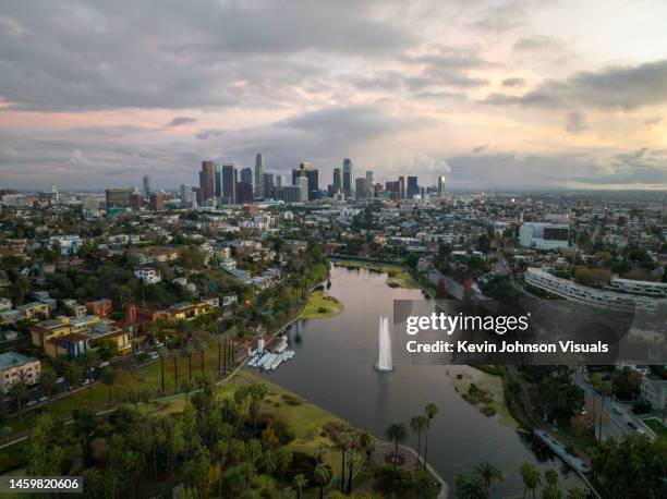 aerial view of echo park lake in los angeles on cloudy day - los angeles park stock pictures, royalty-free photos & images