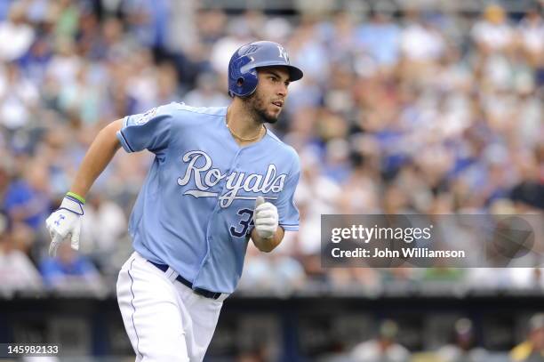 Eric Hosmer of the Kansas City Royals runs to first base after hitting the ball in the game against the Oakland Athletics on June 3, 2012 at Kauffman...