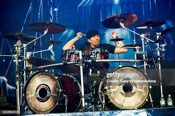 Jukka Nevalainen of Nightwish performs on stage during Download Festival at Donington Park on June 8, 2012 in Castle Donington, United Kingdom.