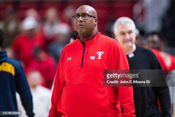 Assistant coach Corey Williams of the Texas Tech Red Raiders stands on the court before the college basketball game against the West Virginia...