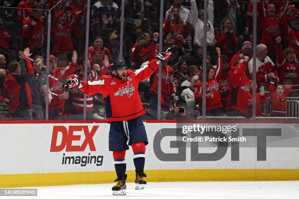 Alex Ovechkin of the Washington Capitals celebrates after scoring a goal against the Pittsburgh Penguins during the first period at Capital One Arena...