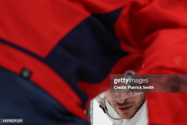 Sidney Crosby of the Pittsburgh Penguins prepares to face-off against the Washington Capitals during the first period at Capital One Arena on January...