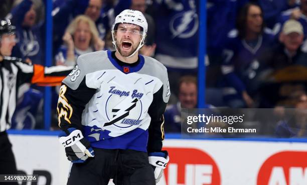 Brandon Hagel of the Tampa Bay Lightning celebrates a goal in the first period during a game against the Boston Bruins at Amalie Arena on January 26,...