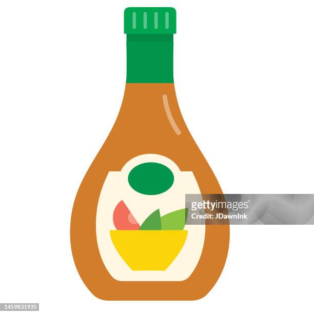 ilustraciones, imágenes clip art, dibujos animados e iconos de stock de botella de envasado de alimentos comestibles de aderezo para ensaladas con etiqueta icono colorido sobre fondo blanco - aliño para la ensalada