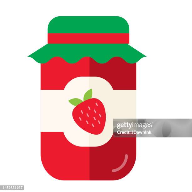 grocery food packaging strawberry jam jar colorful with label icon on white background - canning stock illustrations