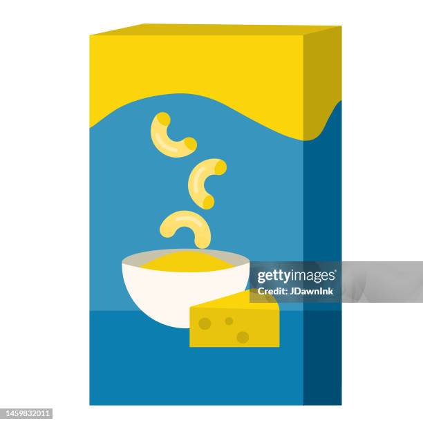 grocery food packaging colorful macaroni with cheese box with label icon on white background - mac-and-cheese-box stock illustrations