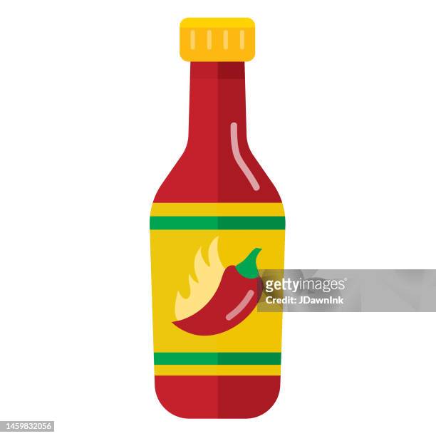 grocery food packaging colorful hot sauce with label icon on white background - hot sauce stock illustrations