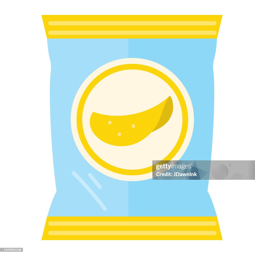 Grocery food packaging colorful potato chip bag with label icon on white background
