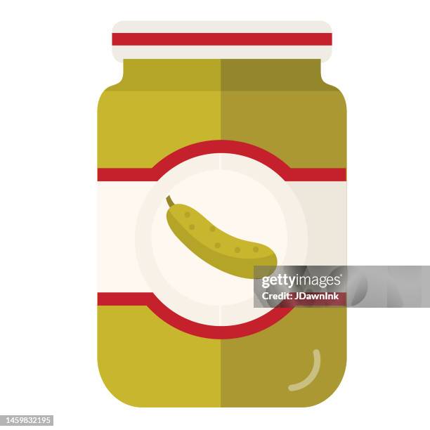 ilustraciones, imágenes clip art, dibujos animados e iconos de stock de envasado de alimentos comestibles colorido frasco de pepinillos con icono de etiqueta sobre fondo blanco - pepinillo