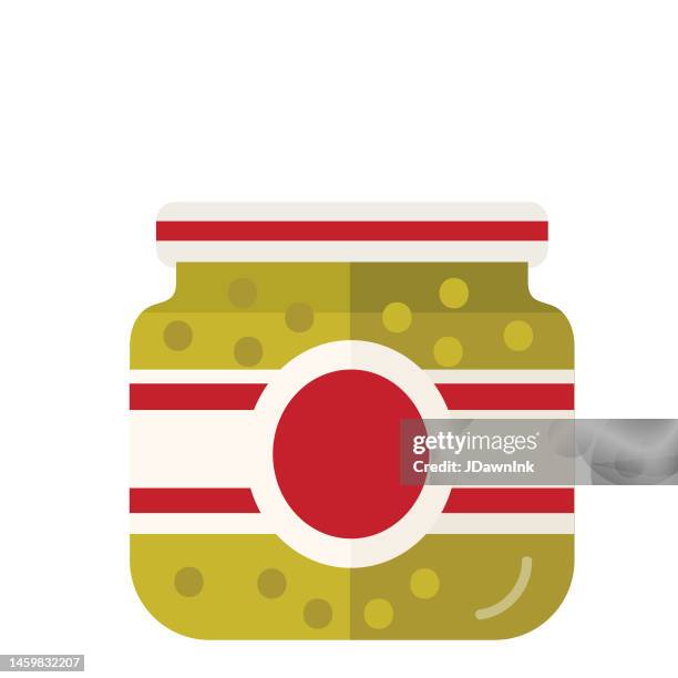 grocery food packaging colorful relish jar with label icon on white background - relish stock illustrations