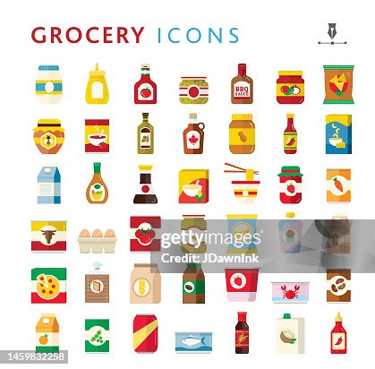 Grocery food packaging, bottles, cans, cartons, boxes, glass jars with labels colorful icon set on white background Grocery food packaging, bottles, cans, cartons, boxes, glass jars with labels colorful icon set on white background