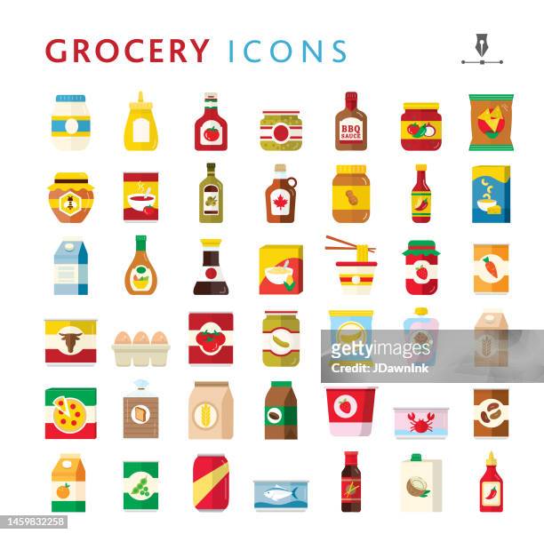 grocery food packaging, bottles, cans, cartons, boxes, glass jars with labels colorful icon set on white background - food dressing 幅插畫檔、美工圖案、卡通及圖標