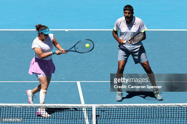 Santa Mirza and Rohan Bopanna of India in the Mixed Doubles Final against Luisa Stefani and Rafael Matos of Brazil during day 12 of the 2023...