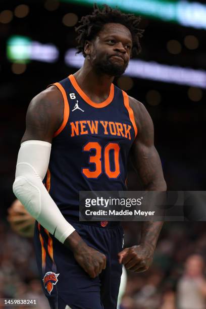Julius Randle of the New York Knicks celebrates during the first half against the Boston Celtics at TD Garden on January 26, 2023 in Boston,...