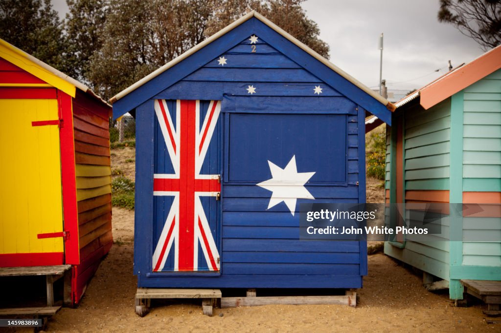 Australian flag painted on beach hut. Australia.