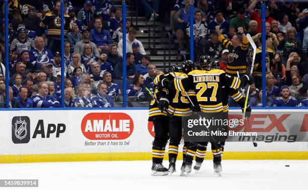 Brad Marchand of the Boston Bruins celebrates a goal in the second period during a game against the Tampa Bay Lightning at Amalie Arena on January...