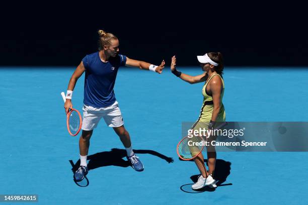 Rafael Matos and Luisa Stefani of Brazil react in the Mixed Doubles Final against Santa Mirza and Rohan Bopanna of India during day 12 of the 2023...