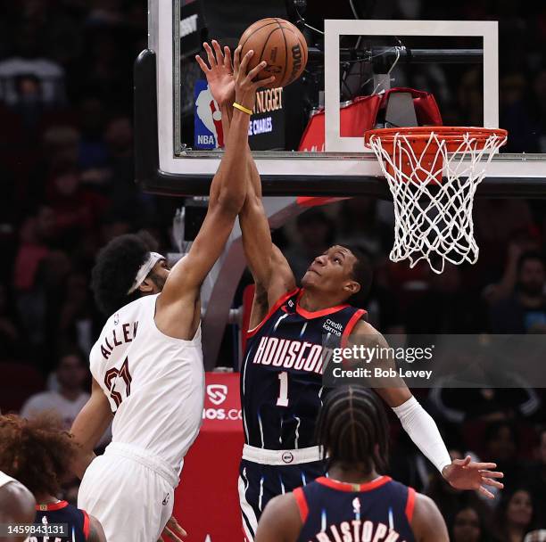 Jarrett Allen of the Cleveland Cavaliers has his shot blocked by Jabari Smith Jr. #1 of the Houston Rockets during the second quarter of the game at...