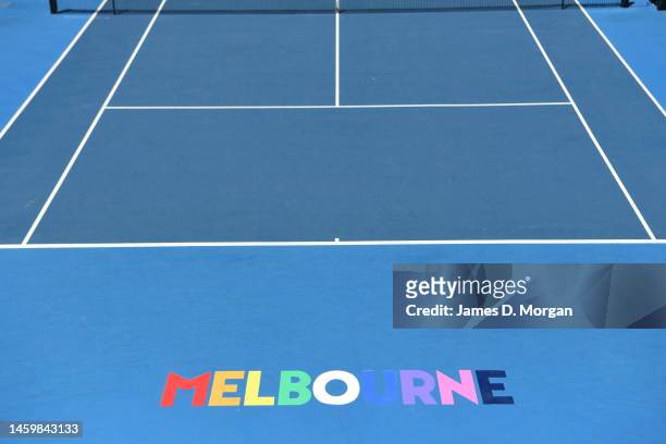 Melbourne rainbow sign painted on Kia Arena on Pride Day during day 12 of the 2023 Australian Open at Melbourne Park on January 27, 2023 in...