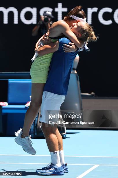 Luisa Stefani and Rafael Matos of Brazil celebrate after winning in the Mixed Doubles Final against Santa Mirza and Rohan Bopanna of India during day...