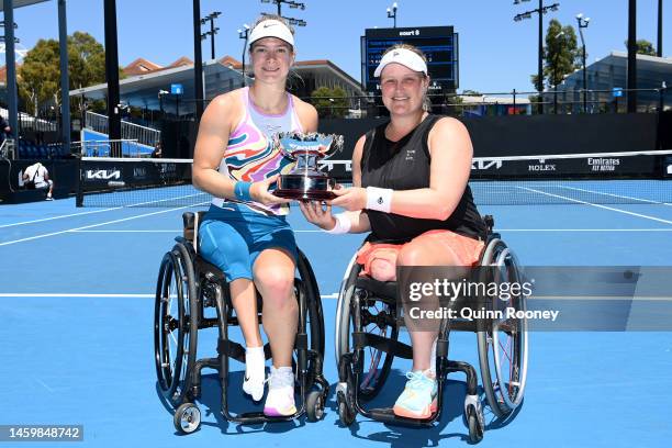 Diede De Groot and Aniek Van Koot of the Netherlands pose after winning the Women’s Wheelchair Doubles Final against Yui Kamiji of Japan and Zhenzhen...