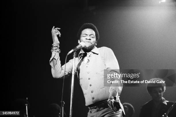 Soul singer Al Green in performance in February 1973 for ABC-TV's In Concert series filmed at the Bananafish Theater in Brooklyn, New York.