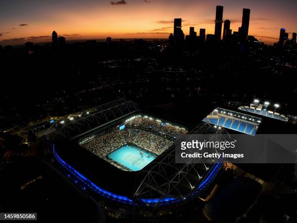 In this aerial view, Rod Laver Arena and Melbourne Park are seen during the Semifinal singles match against Magda Linette of Poland and Aryna...