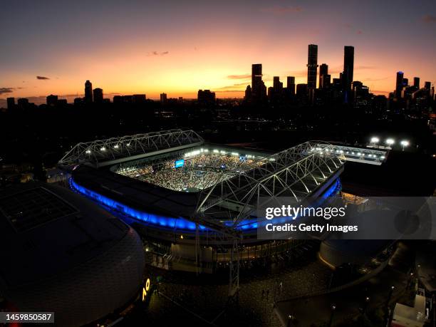 In this aerial view, Rod Laver Arena and Melbourne Park are seen during the Semifinal singles match against Magda Linette of Poland and Aryna...