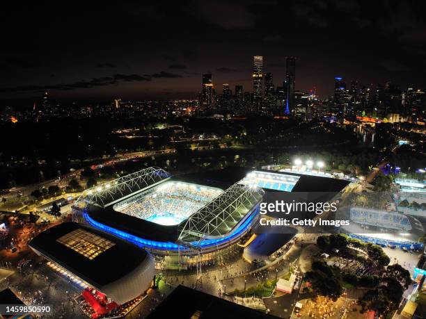 In this aerial view, Rod Laver Arena and Melbourne Park are seen during the Semifinal singles match against Magda Linette of Poland and Aryna...